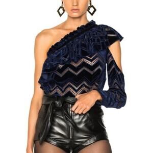 Self-Portrait Zig Zag Velvet Off-The-Shoulder Top in Navy Blue Ruffle Size US 6